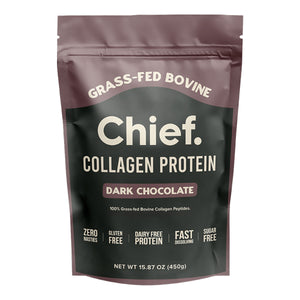 Image of a supplement packet which says Chief collagen protein dark chocolate  100% Grass-fed bovine collagen peptides, zero nasties, gluten free, dairy free protien fast dissolving, sugar free 