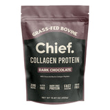 Image of a supplement packet which says Chief collagen protein dark chocolate  100% Grass-fed bovine collagen peptides, zero nasties, gluten free, dairy free protien fast dissolving, sugar free 