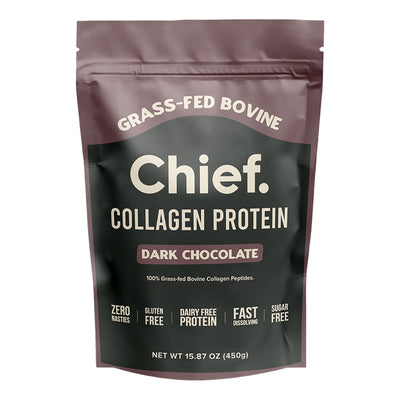 Image of a supplement packet which says Chief collagen protein dark chocolate  100% Grass-fed bovine collagen peptides, zero nasties, gluten free, dairy free protien fast dissolving, sugar free 
