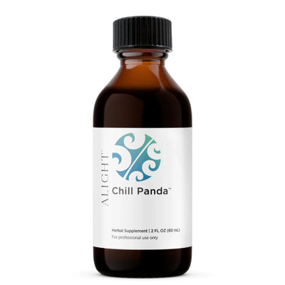 Image of a white supplement bottle that says alright chill panda herbal supplement 2FL OZ (60mL) For professional use only 