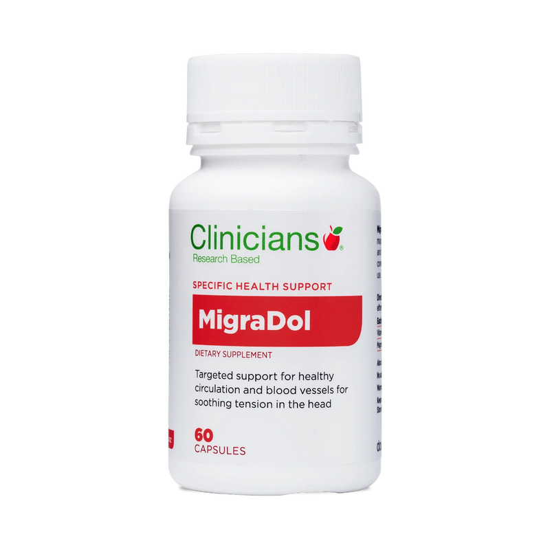 A Supplement container with the name MigraDol by Clinicians 