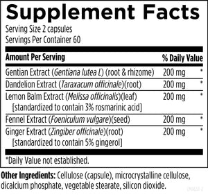 Text describing the ingredients: Gentian Extract, Dandelion Extract, Lemon Balm Extract, Fennel Extract, Ginger Extract, Cellulose (capsule), microcrystalline cellulose, dicalcium phosphate, vegetable stearate, silicon dioxide 