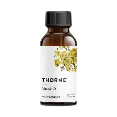 A Supplement bottle with the name  Vitamin D Liquid by Thorne.