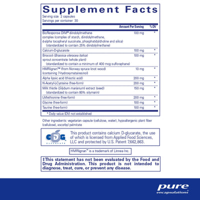 Ingredients: BioResponse, Calcium-D-glucarate, Broccoli, HMRlignan, Alpha Lipoic acid, N-Acetyl-L-Cystenie, Milk Thistle, L-Methionine, Gycine, Taurine.