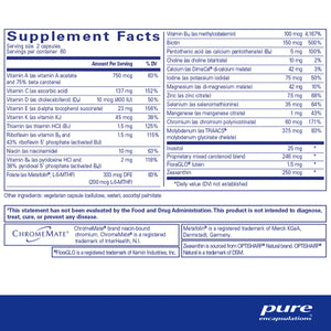 Ingredients: itamin A, D, E, K B5, B12, Thiamin, Riboflavin, Niacin, Folate, Biotin, Pantotheric Acid, Choline, Calcium, Iodine, Magnesium, Zinc, Selenium, Manganese, Chromium, Molybdenum, Inositol, FloraGo, Zeaxanthin.