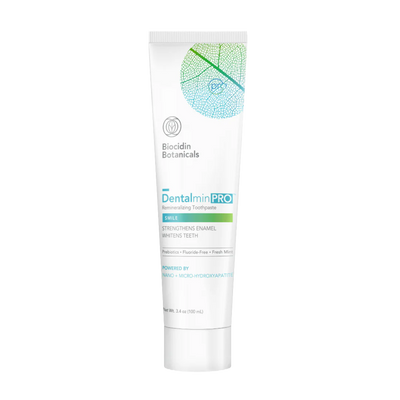 An image of a white toothpast tude that says Biocidin Botanicals, Dentalmin PRO 