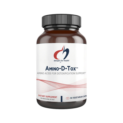A white suppelment bottle that says designs for health Amino-D-Tox Amino acids for dextoxification support 90 vegetarian caps