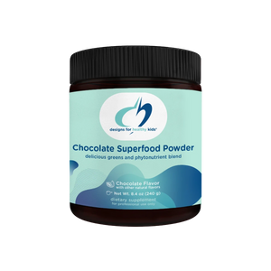 A Supplement container with the name Chocolate Superfood Powder by Designs for Health.
