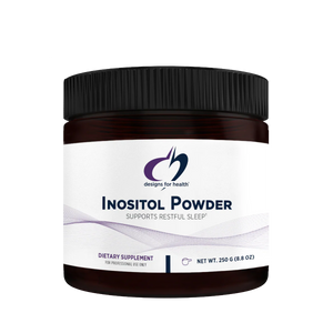 Image of a white supplement bottle that says designs for health inositol powder supports restful sleep dietary supplement Net w 250g 