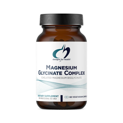 A Supplement container with the name Magnesium Glycinate Complex (60 Caps)by Designs for Health.