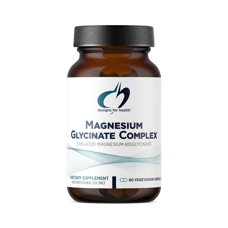 A Supplement container with the name Magnesium Glycinate Complex (60 Caps)by Designs for Health.