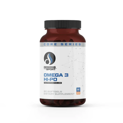 A Supplement container with the name Omega 3 Hi-Po by Designs for Sport.