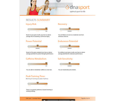 A sample page from the DNA Life Sport report