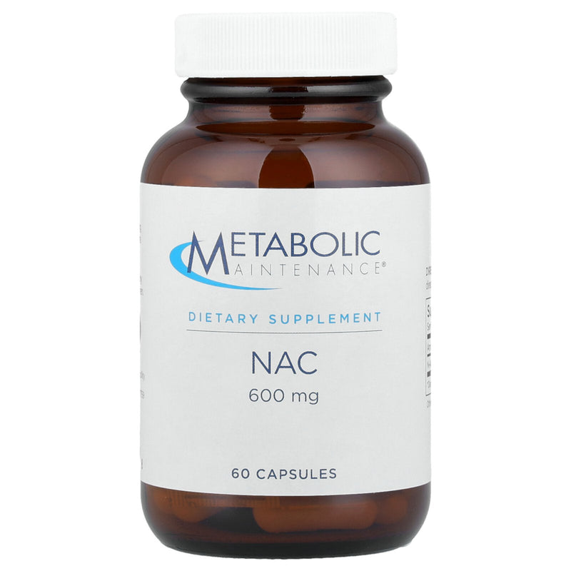 A Supplement container with the name NAC 600mg by Metabolic Maintenance.