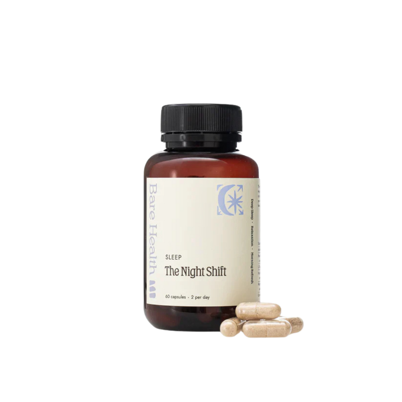 A Supplement container with the name The Night Shift (60 Caps) by Bare Health.