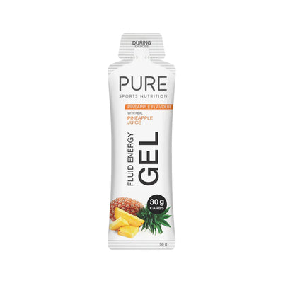 A Supplement container with the name Fluid Energy Gel (Pineapple Flavour with real Pineapple Juice + 30g Carbs) by pure Sports Nutrition.