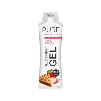 A Supplement container with the name Fluid Energy Gel (Apple Flavour with real Apple & Cinnamon 30g Carbs) by pure Sports Nutrition.