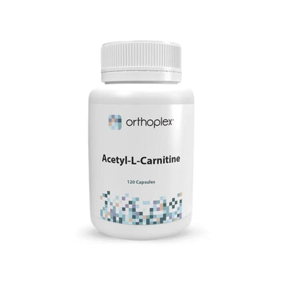 A Supplement container with the name Acetyl-L-Carnitine by Orthoplex White. 
