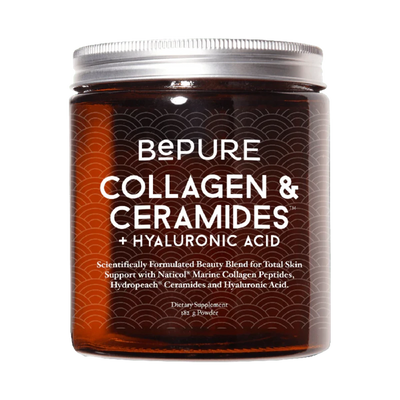 A Supplement container with the name Collagen & Ceramides +  Hyaluronic Acid by BePure.