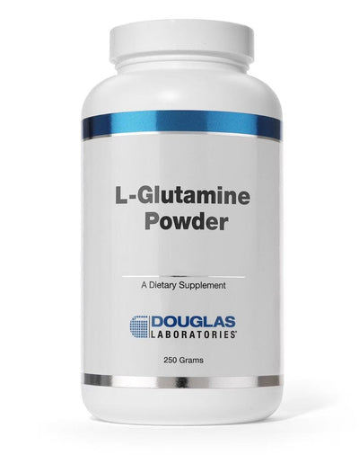 A Supplement container with the name L-Glutamine Powder by Douglas Laboratories.