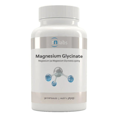 Image of a white supplement bottle that says rn labs magnesium glycinate magnesium (as magnesium glycinate) 150 mg 90 capsules 