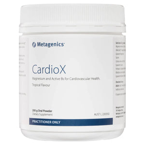 A Supplement container with the name CardioX (200grams) by Metagenics.