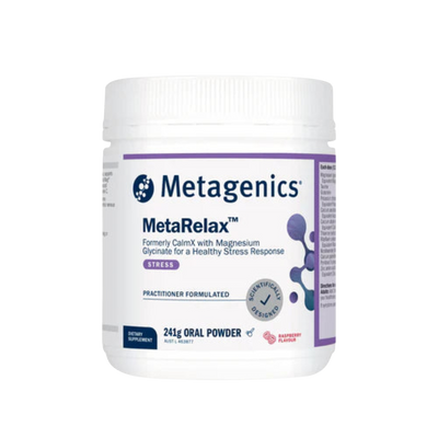 A Supplement container with the name MetaRelax  Raspberry 241g (formerly CalmX) by Metagenics.
