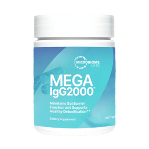 A Supplement container with the name Mega IgG2000 powder by Microbiome Labs.