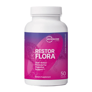 A Supplement container with the name RestorFlora by Microbiome Labs