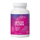 A Supplement container with the name RestorFlora by Microbiome Labs