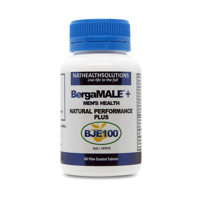 A Supplement container with the name BergaMALE + Men's Health natural performance plus by BergaMet Pro.