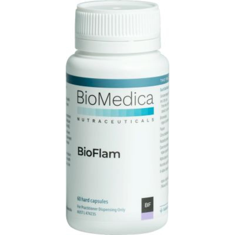 A Supplement container with the name BioFlam (60 caps) by BioMdeica.