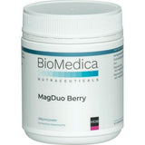 A Supplement container with the name MagDuo Berry 240g  by BioMedica.