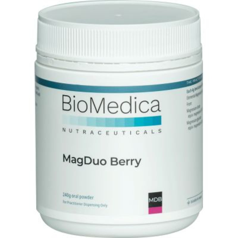 A Supplement container with the name MagDuo Berry 240g  by BioMedica.