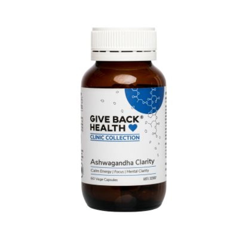 A Supplement container with the name Ashwagandha Clarity by Give back health.
