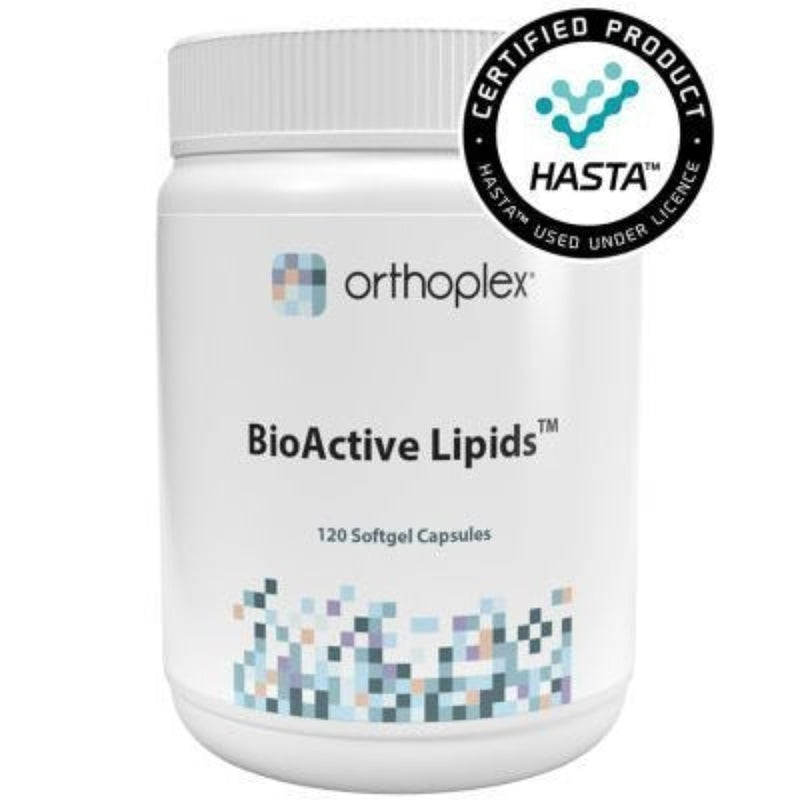 A Supplement container with the name BioActive Lipids (120 soft Caps) by Orthoplex White