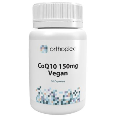 A Supplement container with the name CoQ10 150mg Vegan by Orthoplex White