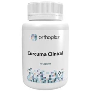 A Supplement container with the name Curcuma Clinical by Orthoplex White.