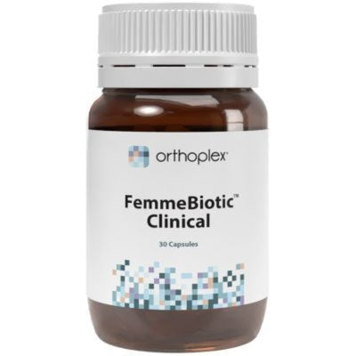 A Supplement container with the name FemmeBiotic Clinical (30 Caps) by Orthoplex White.