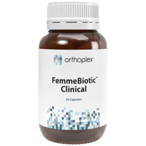 A Supplement container with the name FemmeBiotic Clinical (60 Caps) by Orthoplex White.