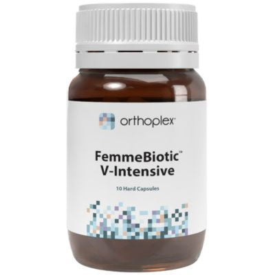 A Supplement container with the name  FemmeBiotic V-Intensive (10 Caps) by Orthoplex White