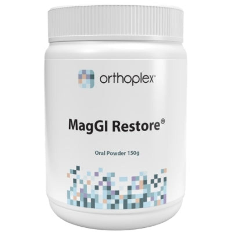 A Supplement container with the name MagGI Restore (150g)by Orthoplex White.