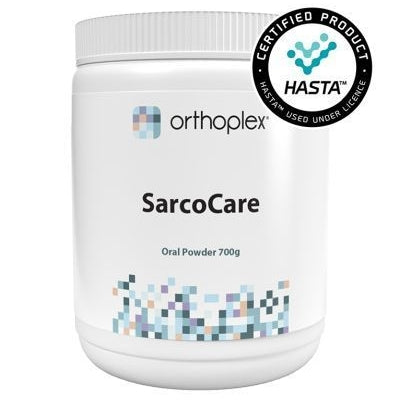 A Supplement container with the name SarcoCare by Orthoplex White.