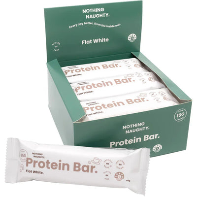 A Box of Nothing Naughty Flat White Flavor Protein Bars.