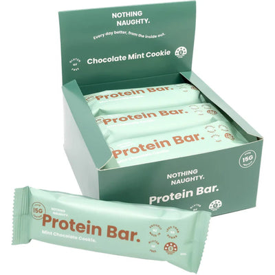 A Box of Nothing Naughty Mint Chocolate Cookie  Flavor Protein Bars.