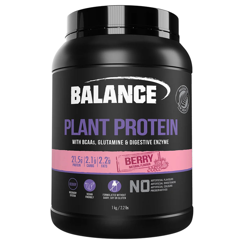 A Supplement container with the name Plant Protein (1kg Berry flavour) by Balance