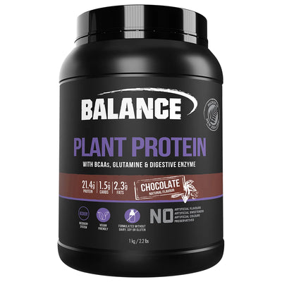A Supplement container with the name Plant Protein (1kg Chocolate flavour) by Balance