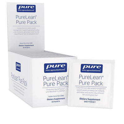 A Supplement container with the name  PureLean Pure Pack w Metafolin by Pure Encapsulations.