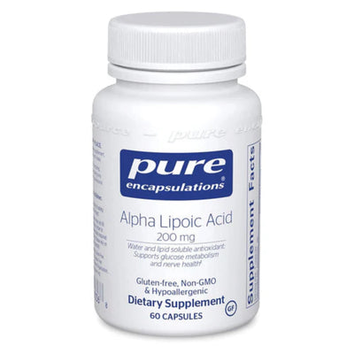 A Supplement container with the name Alpha Lipoic acid 200mg  by Pure Encapsulations.