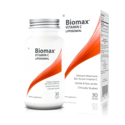Image of a white bottle cthat says Biomax vitamin c liposomal delivers maxiumum bio - active vitamin c gentle and non-acidic clinically studied (30 Vcaps)